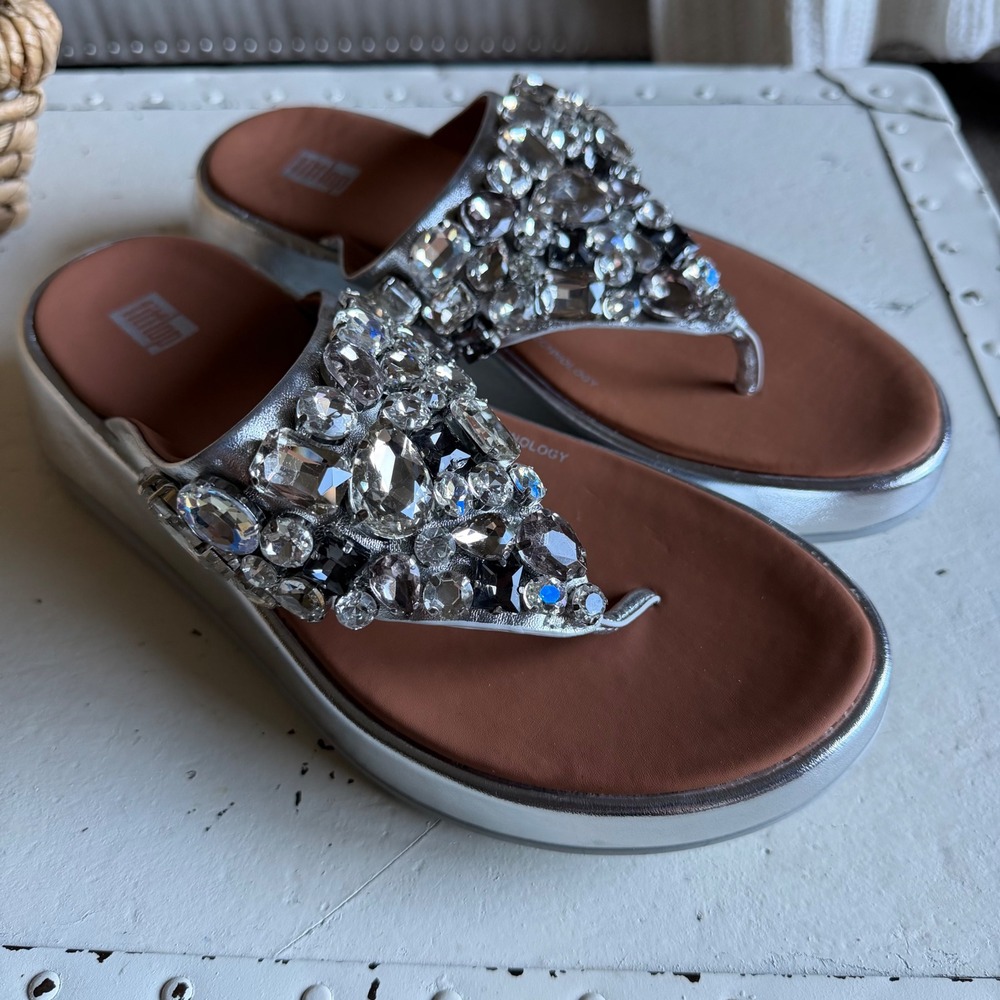FITFLOP F-Mode Sandals Silver Crystal Embellished Platform Thong Women's Size 7
